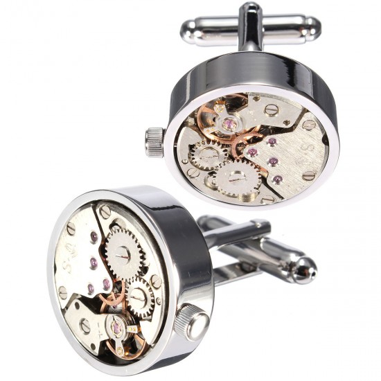 Men Male Silver Mechanical Watch Pattern Cuff Links Wedding Gift Suit Shirt Accessories