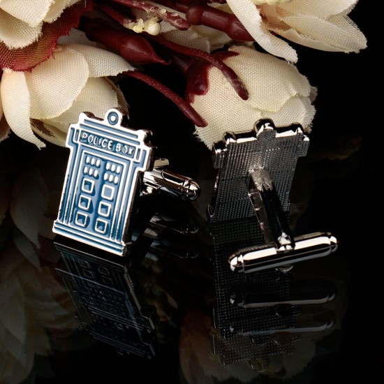 Men Male Silver Police Box Pattern Blue Enamel Cuff Links Wedding Gift Suit Shirt Accessories