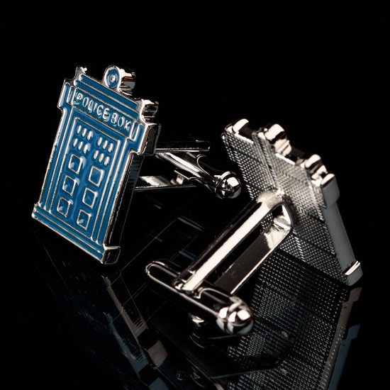 Men Male Silver Police Box Pattern Blue Enamel Cuff Links Wedding Gift Suit Shirt Accessories