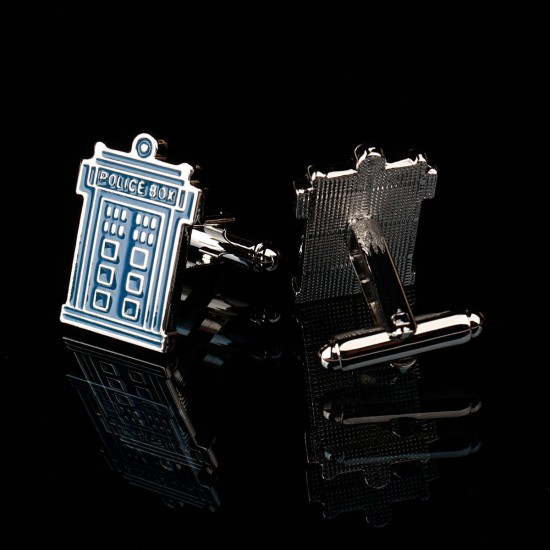 Men Male Silver Police Box Pattern Blue Enamel Cuff Links Wedding Gift Suit Shirt Accessories