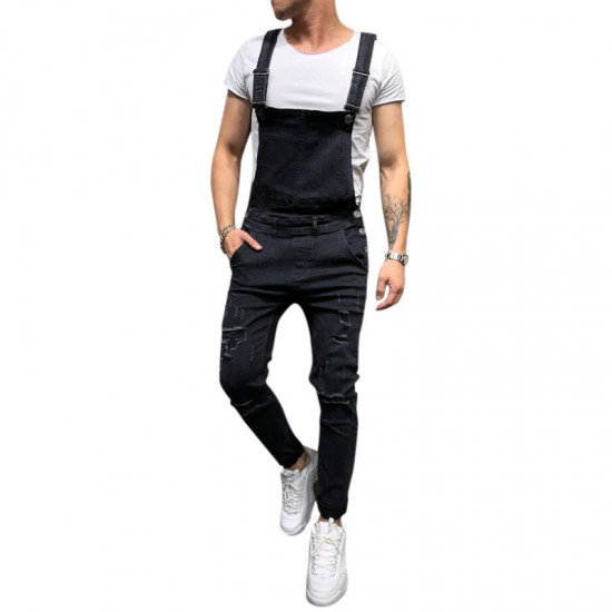 Denim Overalls Suspenders Ripped Jeans for Men