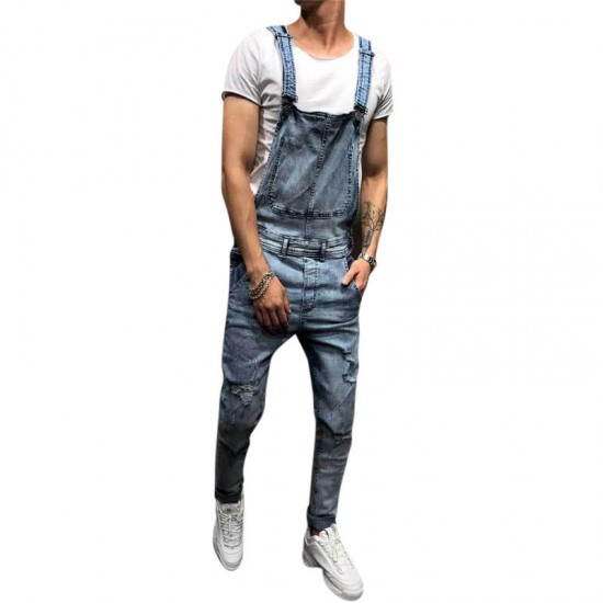 Denim Overalls Suspenders Ripped Jeans for Men