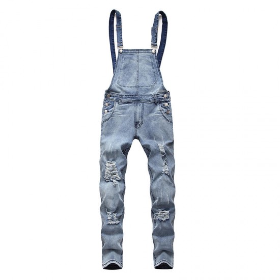 Denim Overalls Suspenders Ripped Jeans for Men