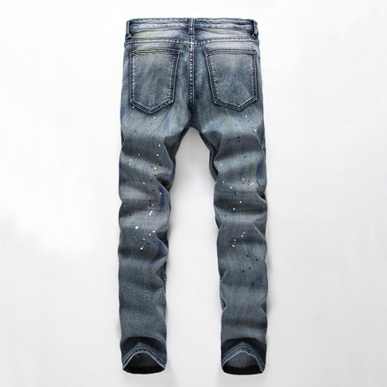 Men Hole Ripped Splashed Painting Fashion Washed Elastic Jeans