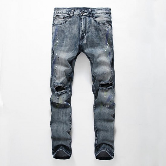 Men Hole Ripped Splashed Painting Fashion Washed Elastic Jeans