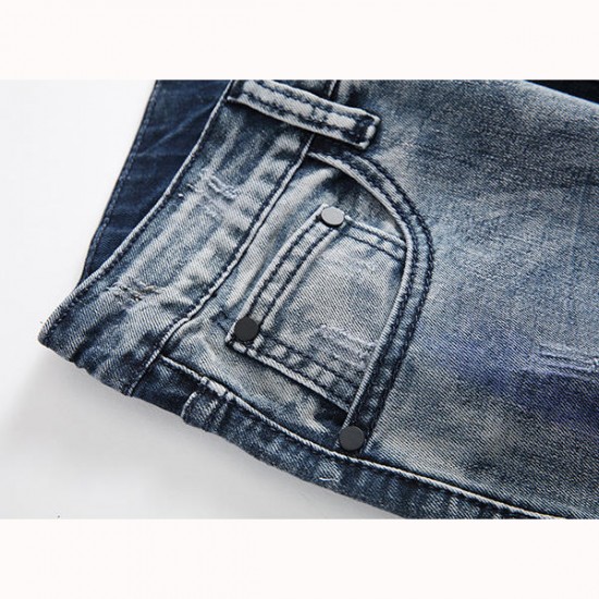 Men Hole Ripped Splashed Painting Fashion Washed Elastic Jeans