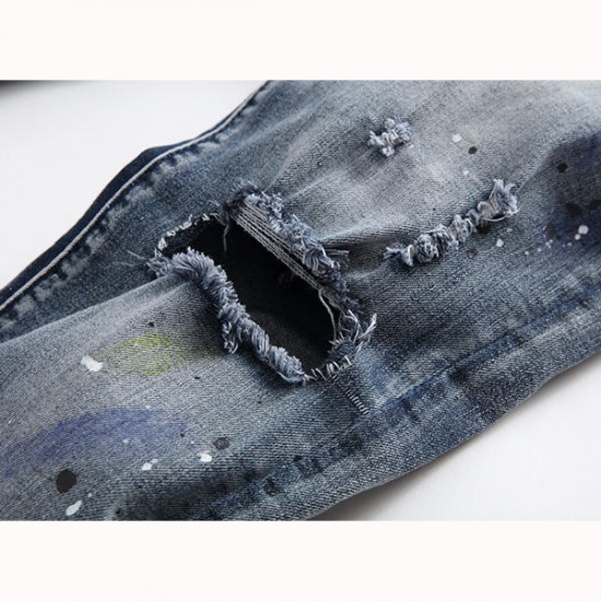 Men Hole Ripped Splashed Painting Fashion Washed Elastic Jeans