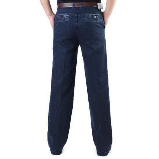 Men Mid-aged Thicken Plus Size Classical Casual Jeans Loose Straight Leg High Waist Pants