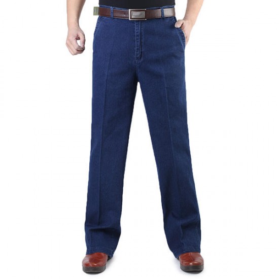 Men Mid-aged Thicken Plus Size Classical Casual Jeans Loose Straight Leg High Waist Pants