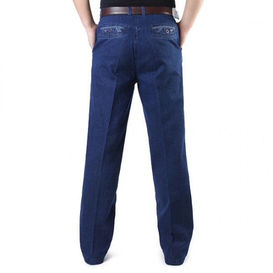 Men Mid-aged Thicken Plus Size Classical Casual Jeans Loose Straight Leg High Waist Pants