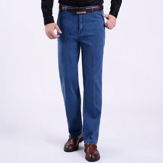 Men Summer Basic Denim Straight Leg Loose Elastic High Waist Cargo Long Jeans