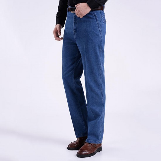 Men Summer Basic Denim Straight Leg Loose Elastic High Waist Cargo Long Jeans