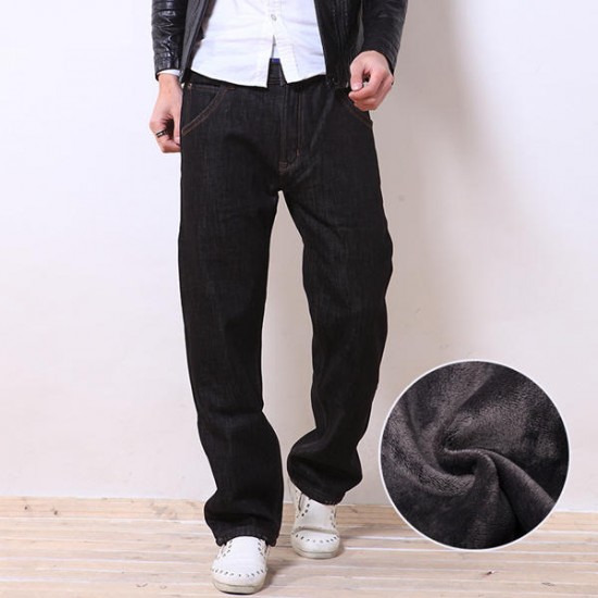 Men Winter Thicken Fleece Jeans Casual Loose Straight Legs Plus Size Warm Black Pants