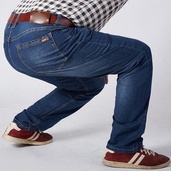 Mens Big Size Jeans Business Straight Legs Loose Elastic Mid Waist Denim Pants
