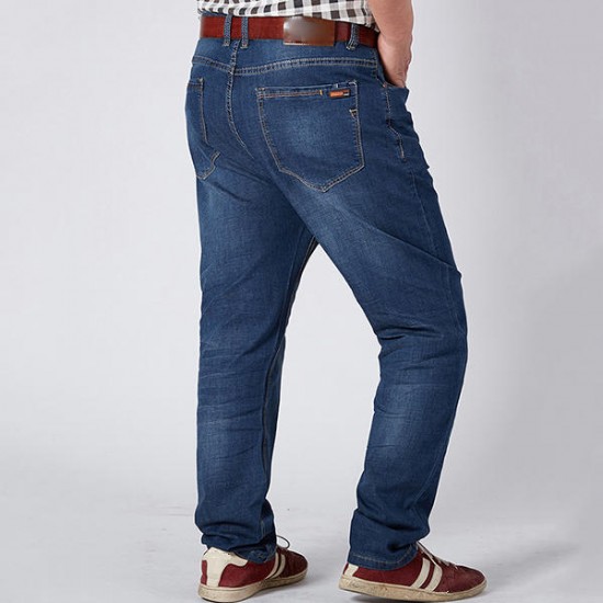 Mens Big Size Jeans Business Straight Legs Loose Elastic Mid Waist Denim Pants