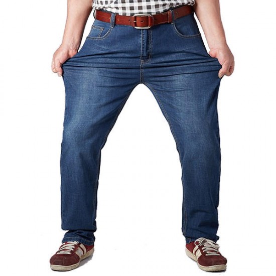 Mens Big Size Jeans Business Straight Legs Loose Elastic Mid Waist Denim Pants