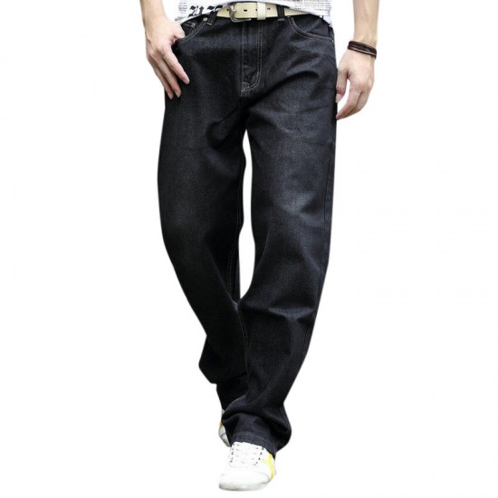 Mens Big Size Loose Casual Mid Rise Straight Legs Casual Jeans Denim Pants