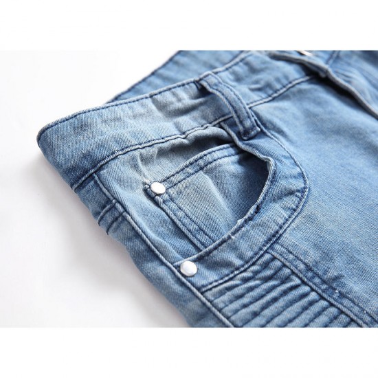 Mens Fashion Breathable Fold Stitching Zipper Washed Cotton Slim Casual Jeans