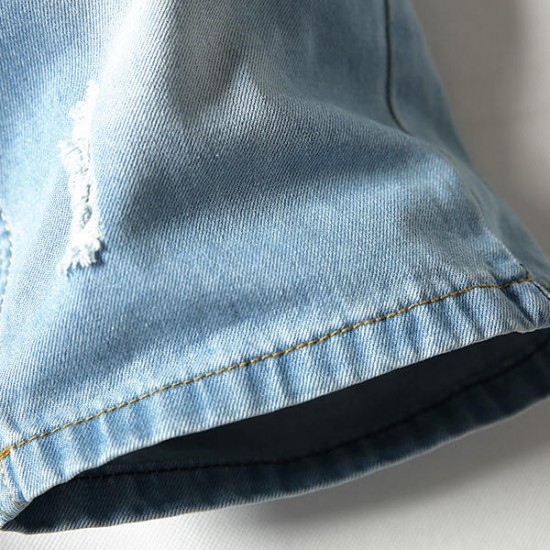 Mens Fashion Casual Holes Denim Shorts Big Size Kness Length Mid-rise Light Blue Jeans