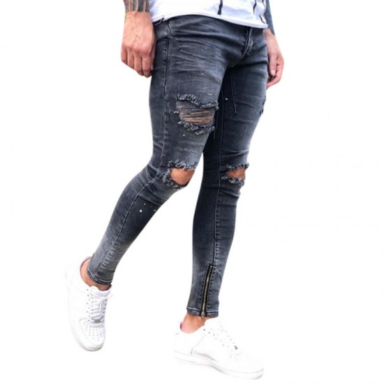 Mens Street Style Zipper Skinny Ripped Cotton Slim Washed Jeans