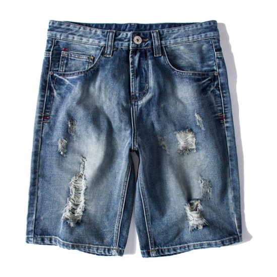 Summer Plus Size Retro Nostalgic Fashion Ripped Holed Short Jeans for Men