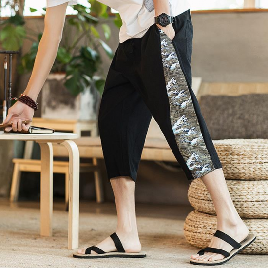 Chinese Style Cotton Linen Loose Wide Leg Pants Men's Large Size Casual Calf-Length Pants