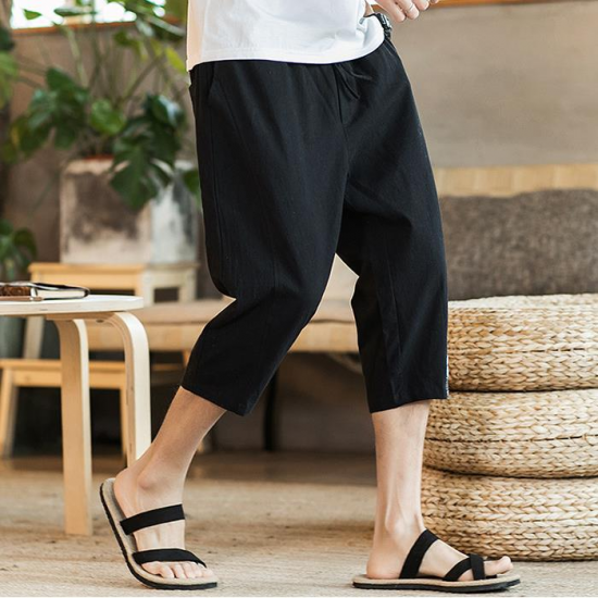 Chinese Style Cotton Linen Loose Wide Leg Pants Men's Large Size Casual Calf-Length Pants