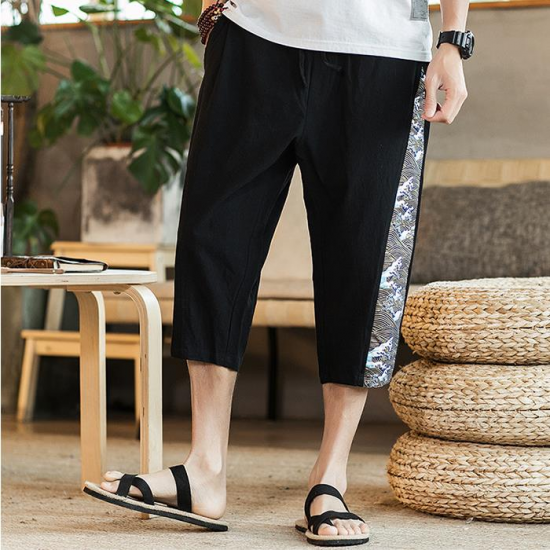 Chinese Style Cotton Linen Loose Wide Leg Pants Men's Large Size Casual Calf-Length Pants