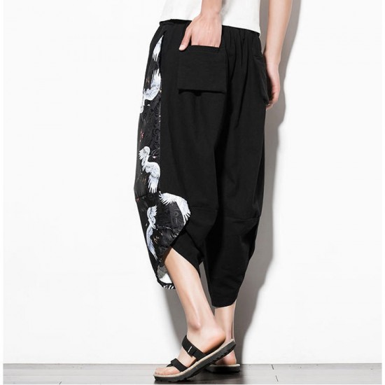 Chinese Style Printed Cotton Linen Cropped Trousers Men's Casual Loose Wide Leg Pants