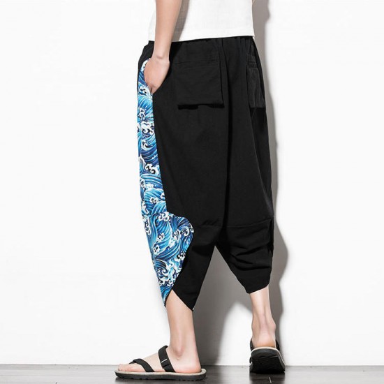 Chinese Style Printed Cotton Linen Cropped Trousers Men's Casual Loose Wide Leg Pants
