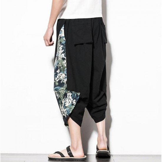 Chinese Style Printed Cotton Linen Cropped Trousers Men's Casual Loose Wide Leg Pants