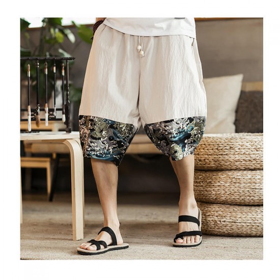 Men's Casual Printed Wide Legs Pants Chinese Style Breathable Calf-Length Haren Trousers Men's Casual Printed Wide Legs Pants Chinese Style Breathable Calf-Length Haren Trousers