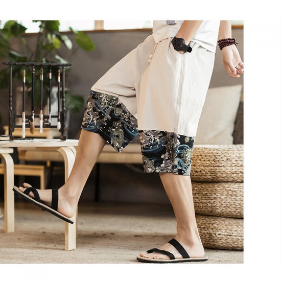 Men's Casual Printed Wide Legs Pants Chinese Style Breathable Calf-Length Haren Trousers Men's Casual Printed Wide Legs Pants Chinese Style Breathable Calf-Length Haren Trousers