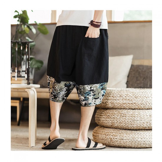 Men's Casual Printed Wide Legs Pants Chinese Style Breathable Calf-Length Haren Trousers Men's Casual Printed Wide Legs Pants Chinese Style Breathable Calf-Length Haren Trousers