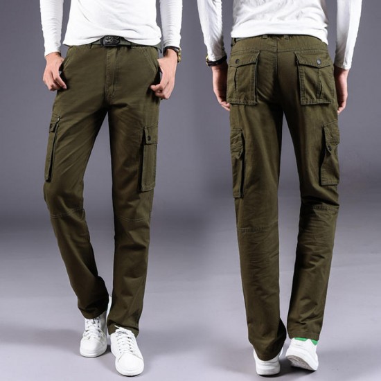 Mens Multi-pocket Cargo Pants Solid Color Casual Cotton Breathable Outdoor Trousers