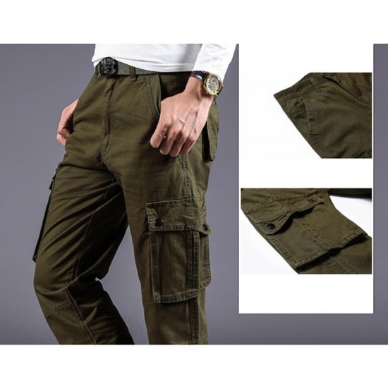 Mens Multi-pocket Cargo Pants Solid Color Casual Cotton Breathable Outdoor Trousers