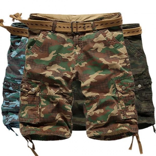 Camo Multi Pocket Cargo Pants Mens Cotton Outdooors Casual Camouflage Shorts