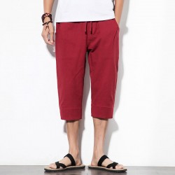 Chinese Style Linen Cropped Trousers Men's Vintage Large Size Embroidered Buckle Casual Pants