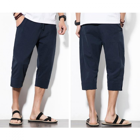 Chinese Style Linen Cropped Trousers Men's Vintage Large Size Embroidered Buckle Casual Pants