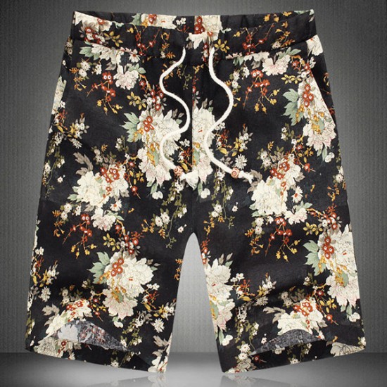 Floral Printing Plus Size Linen Summer Beach Men's Loose Casual Surf Sports Shorts