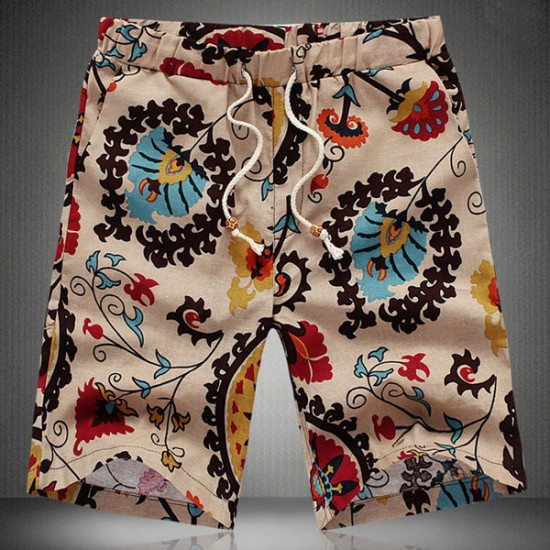 Floral Printing Plus Size Linen Summer Beach Men's Loose Casual Surf Sports Shorts