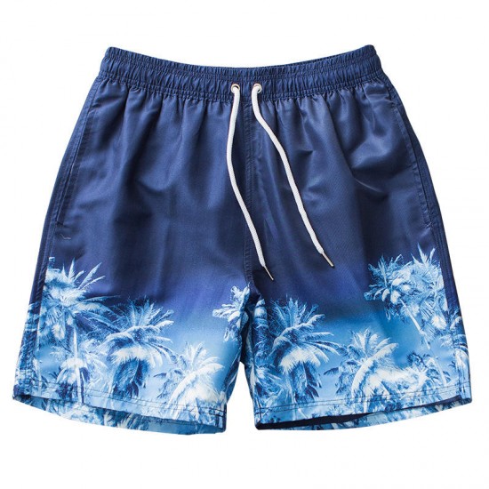 Mens Summer Coconut Tree Printing Beach Elastic Waist Quickly Dry Board Shorts