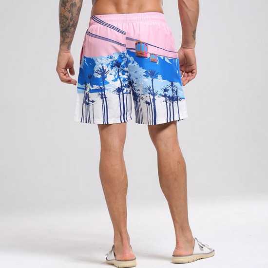 Mens Summer Hawaiian Printing Quick Dry Drawstring Casual Board Shorts
