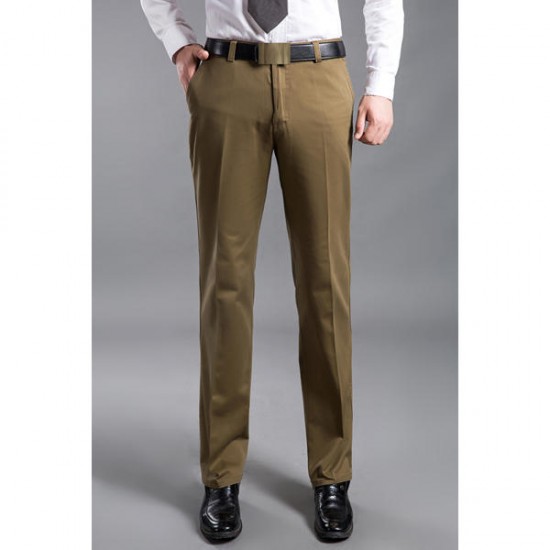 Mens Thick Cotton Trousers Comfort High Waist Straight Leg Casual Pants