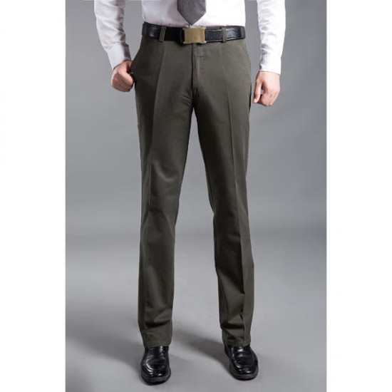 Mens Thick Cotton Trousers Comfort High Waist Straight Leg Casual Pants