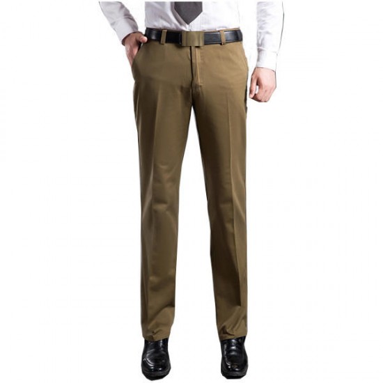 Mens Thick Cotton Trousers Comfort High Waist Straight Leg Casual Pants