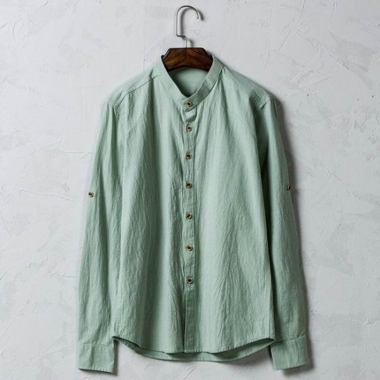 5 Colors Vintage Loose Solid Color Cotton Linen Stand Collar Long Sleeved Shirts