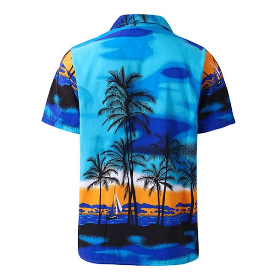 Beach Holiday Breathable Quick Drying Coconut Tree Printing Loose Lounge Short-sleeved Men Shirts