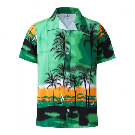 Beach Holiday Breathable Quick Drying Coconut Tree Printing Loose Lounge Short-sleeved Men Shirts