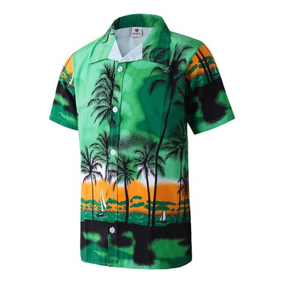 Beach Holiday Breathable Quick Drying Coconut Tree Printing Loose Lounge Short-sleeved Men Shirts